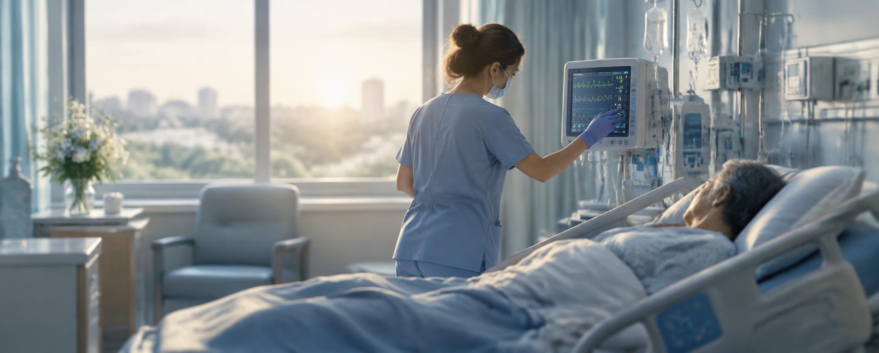 Illustration of a nurse adjusting a patient monitor at the bedside of a resting patient in soft morning light