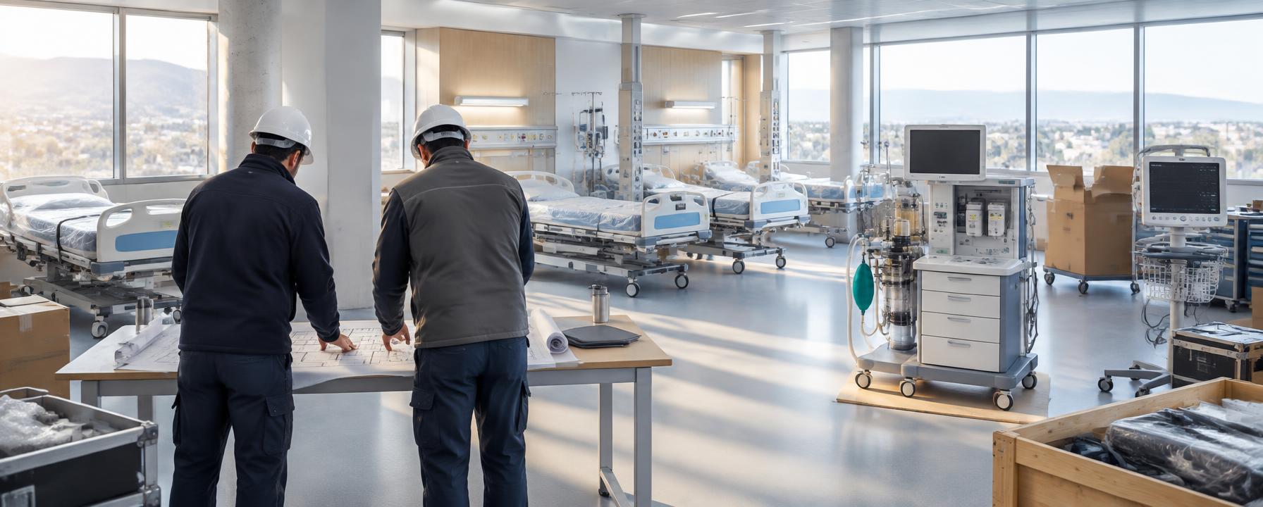 Illustration of a hospital ward being equipped: engineers review floor plans beside packed beds, an anesthesia workstation and patient monitors