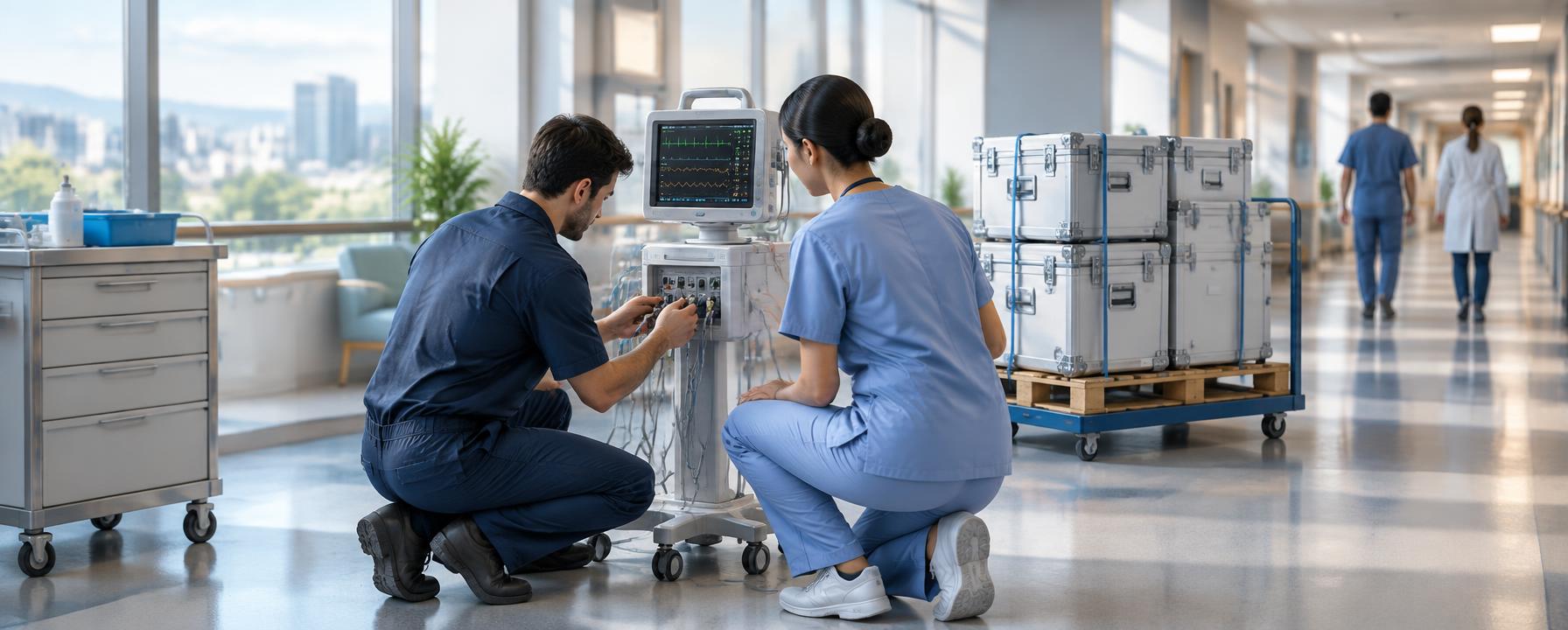 Illustration of a service technician and a nurse checking a patient monitor in a hospital corridor with sealed equipment cases