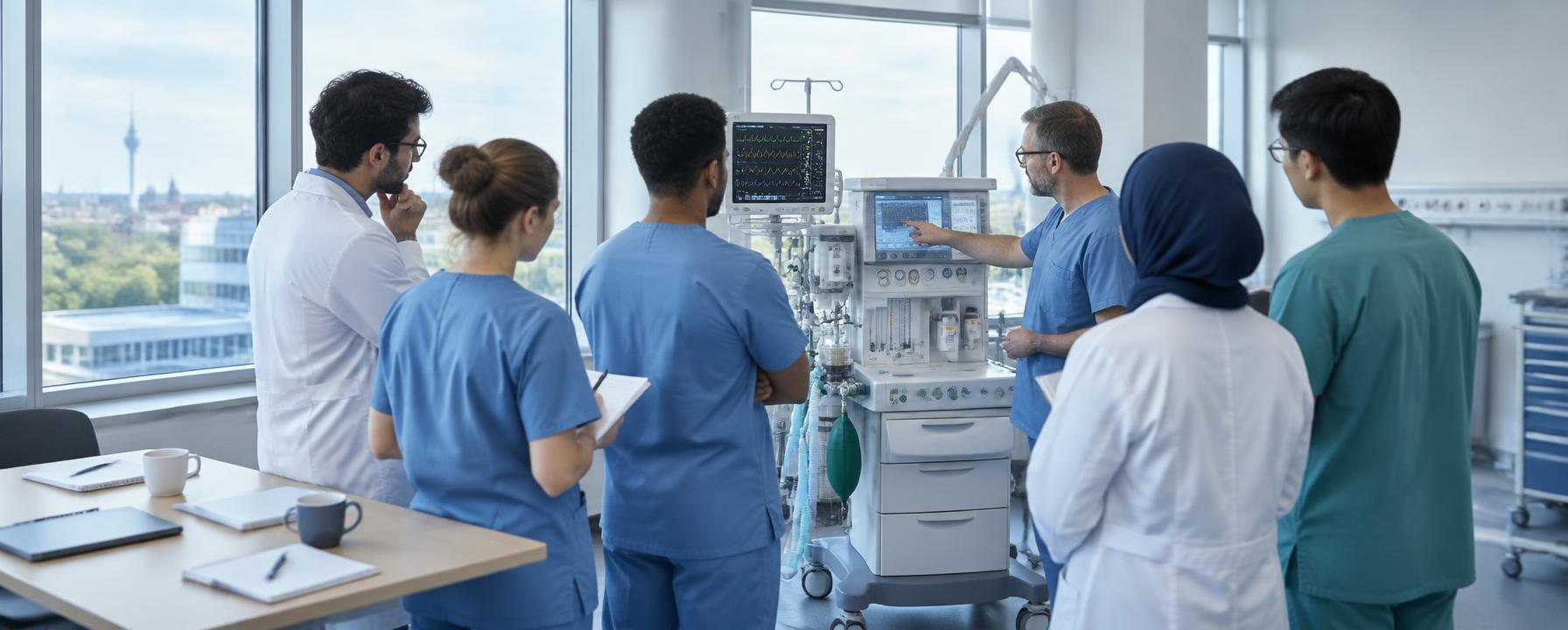 Illustration of an instructor demonstrating an anesthesia workstation to international clinicians in a hospital training room